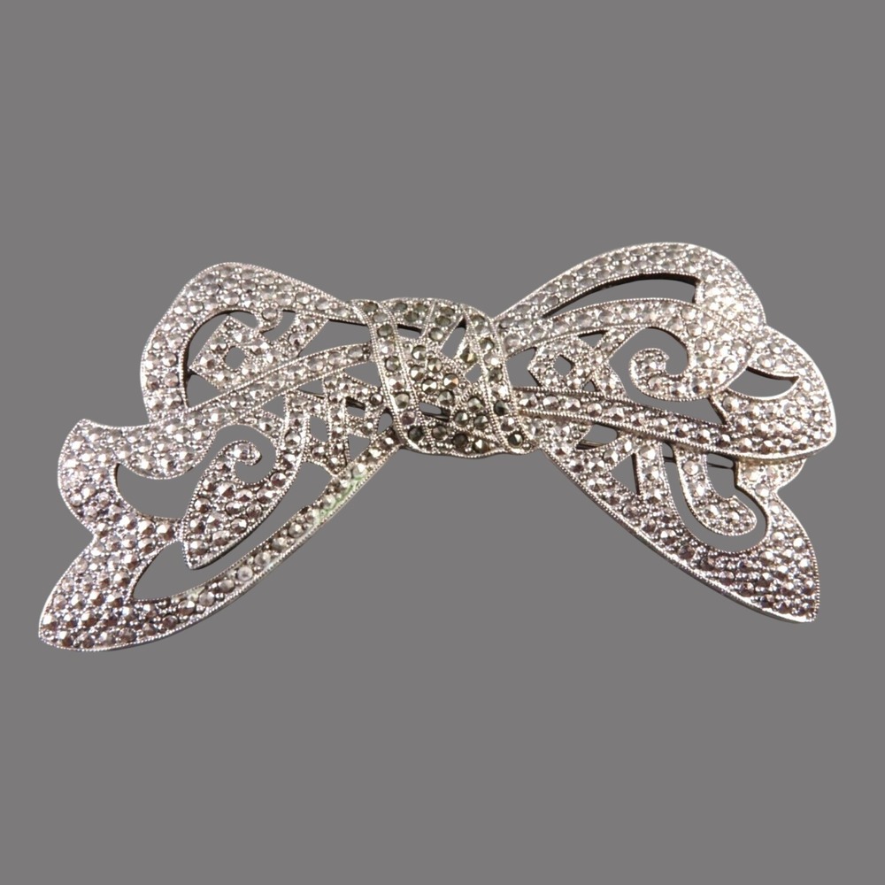 Vintage 1928 BRAND Large Silver Bow Brooch Pin MARCASITE SPARKLE Pave Look